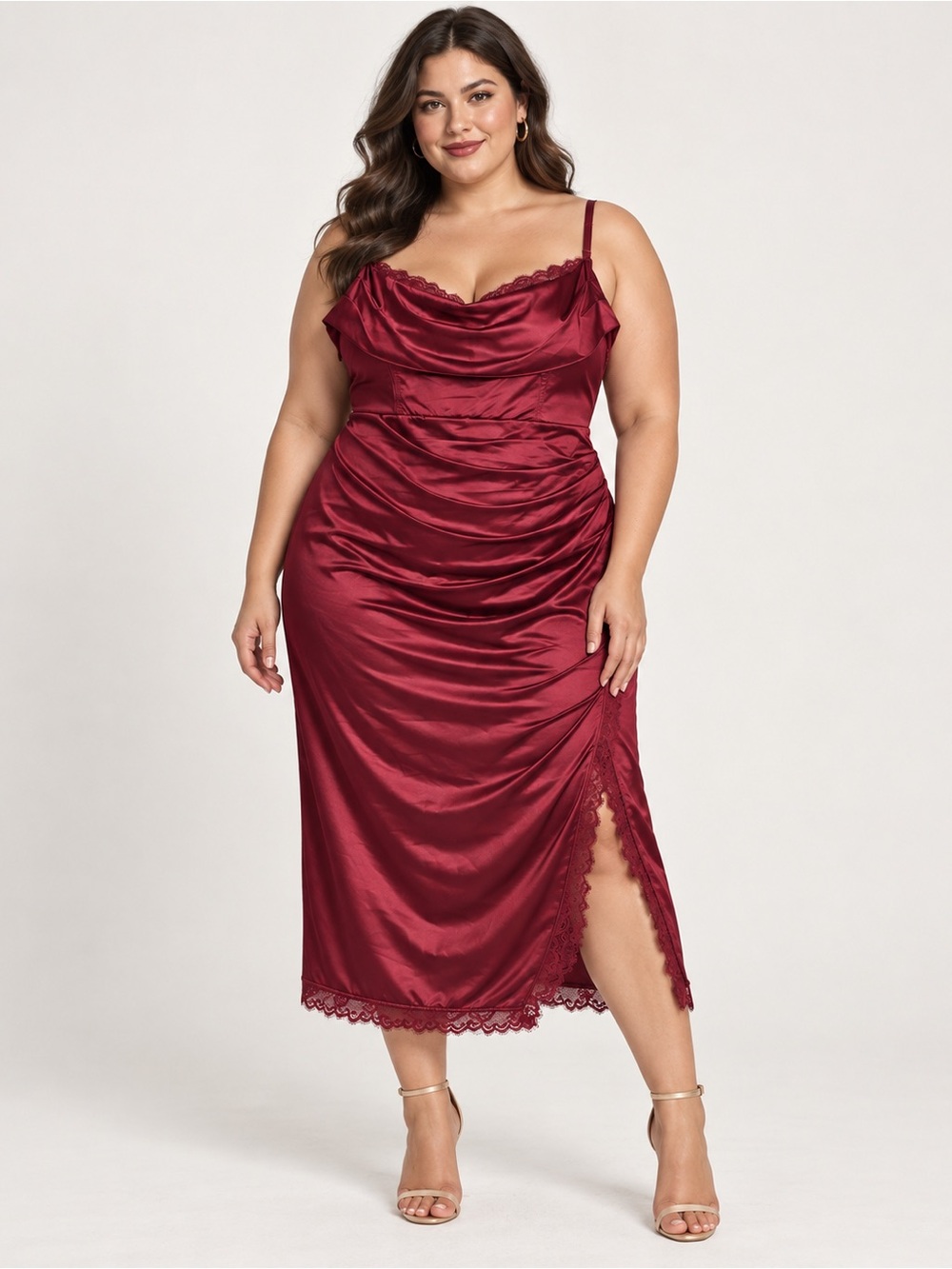 NWT Popilush 3XL Burgundy Satin Cowl Neck Ruched Shapewear Midi Dress Women’s
